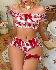 Rose Print Ruffle Lingerie Set with Thigh Garter