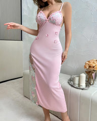 Deep V Sexy Mesh See-through Embroidered Floral Long Slip Dress