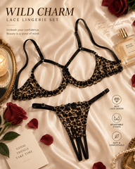 Sexy Leopard Lace Open-Cup Strappy Bra & High-Cut Thong Lingerie Set
