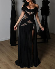 Off-Shoulder Lace Corset Chiffon Thigh Slit Maxi Dress