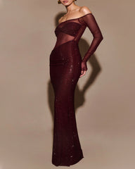 Christmas Sexy Sparkly Off-shoulder Fitted Sheer Mesh Long Dress