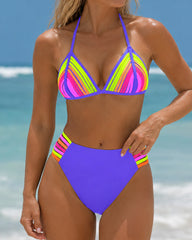 Sexy Colorblock Rainbow Bandage Design Halter Bikini Set