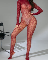 Leopard Sexy Backless Lace Fishnet Stretch Tight Long-sleeved Bodysuit
