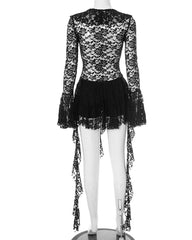 Sexy Lace Ribbon Tie-up Flared Long-sleeved Dress