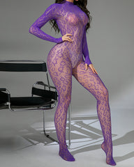 Leopard Sexy Backless Lace Fishnet Stretch Tight Long-sleeved Bodysuit