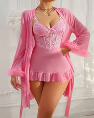 Sexy Lace See-through Mesh Camisole Nightgown and Robe Set