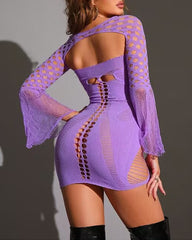 Purple Sexy See-through Hollow-out Fitted Lingerie Dress Set