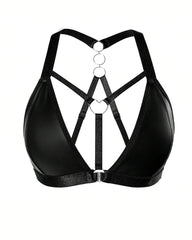 Sexy Deep V Leather Backless Metal Ring Cutout Bra