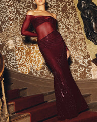 Christmas Sexy Sparkly Off-shoulder Fitted Sheer Mesh Long Dress