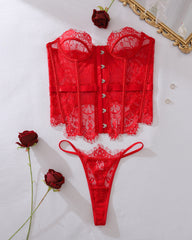 Embroidered Floral See-Through Sexy Hollow Strap Body Shaping Underwear Two-Piece Set with Stockings