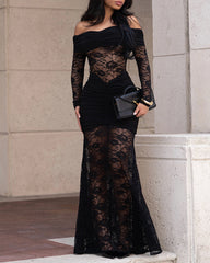 Sexy Lace Off-shoulder Fitted Long-sleeved Fishtail Maxi Dress