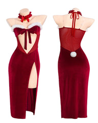 Christmas Bunny Sexy Velvet High-slit Long Lingerie Dress