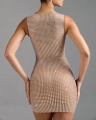 Square Neck Rhinestone Sexy Slim Stretch Dress