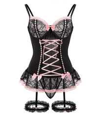 Gathered Contrast Color Sexy See-Through Lace Bow With Leg Cover Pajamas Set