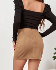 Suede Pleated Irregular Zipper Bodycon Mini Skirt