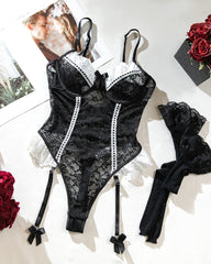 Sexy Floral Lace See-Through Bodysuit With Stockings Set