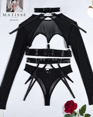 Sexy Strappy Halter Neck Corset Mesh Long-sleeved Lingerie Set