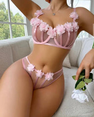 Pink 3D Flower Mesh Splicing See-Through Underwire Sexy Lingerie Set