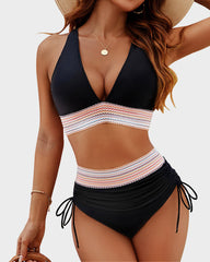 High Waisted Tummy Control Color Block Bikini Sets
