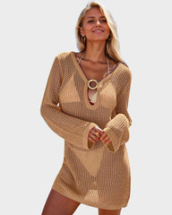 Deep Plunge Long Sleeve Beach Crochet Cover Up Dress