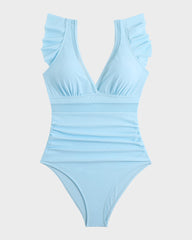 Deep V Ruffled Sleeve Mesh Panel Ruched Swimsuit