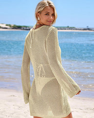 Deep Plunge Long Sleeve Beach Crochet Cover Up Dress