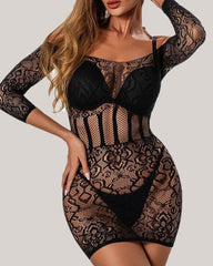 Sexy Off-the-shoulder See-through Jacquard Fishnet Bodycon Dress Lingerie