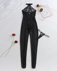 Vertical Striped See-Through Tulle Slim-Fitting Sexy Halterneck Jumpsuit