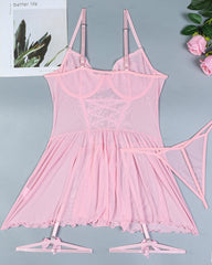 Sexy Lace Mesh See-Through Straps Cross Bow Mesh Ruffled Nightdress