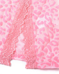 Sexy Deep V Flocked Leopard Print See-Through Mesh Bodycon Nightgown
