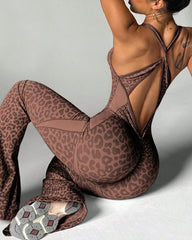 Leopard Print Crossback Seamless Elastic Yoga Fitness Jumpsuit