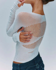 Sexy Rhinestone Stretch Fishnet Round Neck Long Sleeve Bodysuit