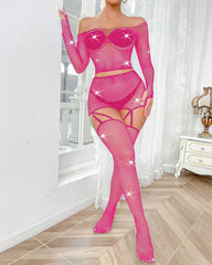 Sexy Rhinestone Fishnet Long-Sleeved Skirt Set