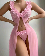 Sexy Low-Cut Floral See-Through Mesh Suspender Maxi Dress Set