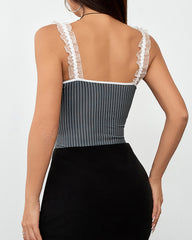 Striped Bowknot Strap Lace Trim Bodysuit