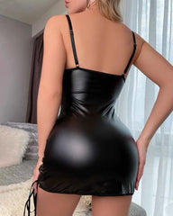 Sexy Deep V Patent Leather Side Slit Bodycon Dress