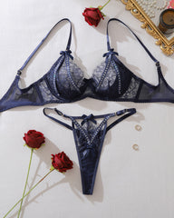 Sexy Lace Hollow See-Through Gathered Lingerie Set