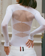 Sexy Rhinestone Stretch Fishnet Round Neck Long Sleeve Bodysuit