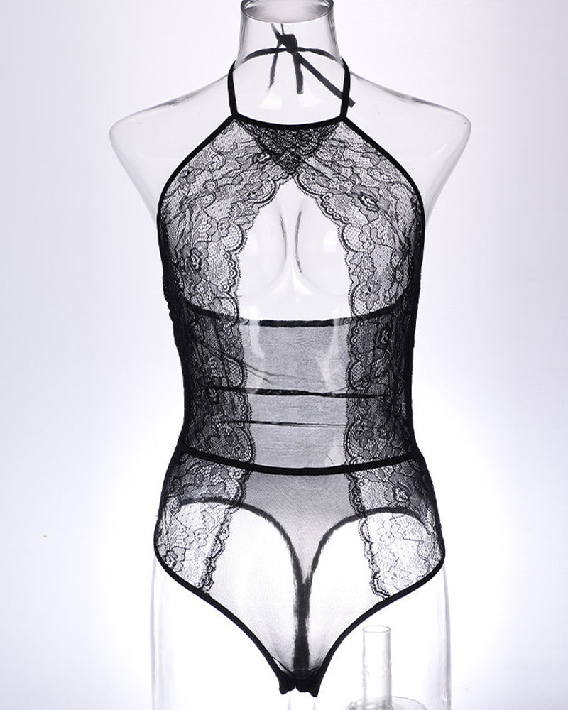 Sexy Lace Mesh Openwork Halter Bodysuit