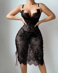 Sexy Flower Lace Hollow See-Through Side Strap Long Suspender Dress