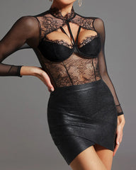 Sexy Lace See-through Mesh Long-sleeved Bodysuit