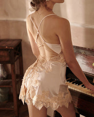 Sexy Deep V-neck Ice Silk Lace Patchwork Backless Camisole Nightgown