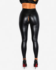 Mid Waist Concealed Zipper Glossy Leather Leggings