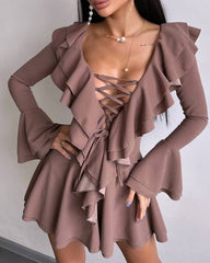 Stylish V Neck Slim-fit Tie-up Ruffle Bell Sleeve Dress