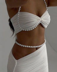 Pearl-embellished Sexy Cropped Tube Top Low-waisted Bodycon Maxi Skirt Suit