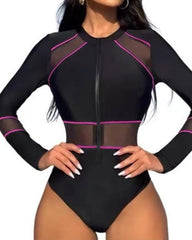 Mesh-paneled Zipper Long-sleeved Onesie Swimsuit Surfwear
