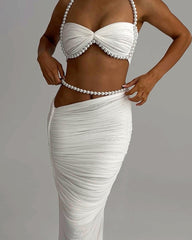 Pearl-embellished Sexy Cropped Tube Top Low-waisted Bodycon Maxi Skirt Suit