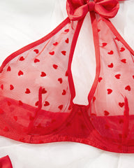 Sexy Halter-neck Heart-shaped Sheer Mesh Bowknot Decoration Lingerie Set