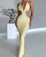 Vacation Sexy Halter-neck Knitted Strappy Deep V-neck Backless Long Beach Dress