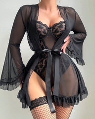 Sexy Lace Slip Dress Mesh See-through Tie-up Robe Loungewear Set